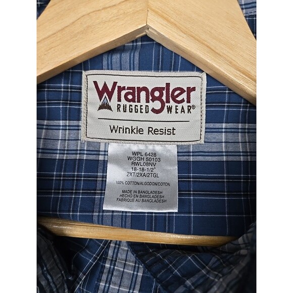 Wrangler Rugged Wear Wrinkle Resist Long Sleeve Button Shirt, Sz 2XT, Plaid Blue - Picture 7 of 8